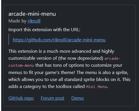A picture of riknoll's arcade-mini-menu extension in the card on the Awesome Arcade extensions page.