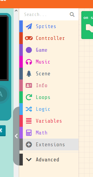 A picture of the "Extensions" button in the MakeCode Arcade toolbox.