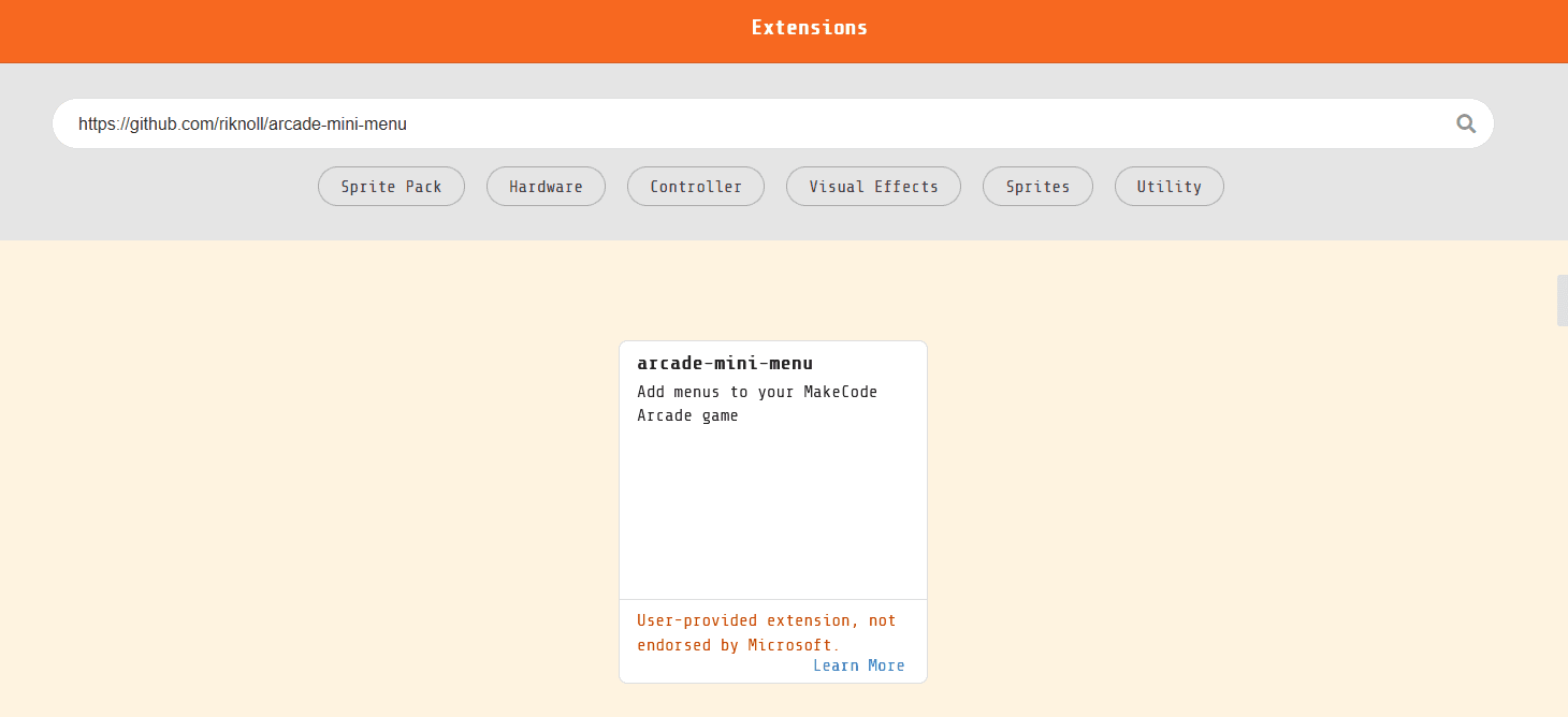 A picture of the extension card for the riknoll/arcade-mini-menu extension in the extensions page in MakeCode Arcade.